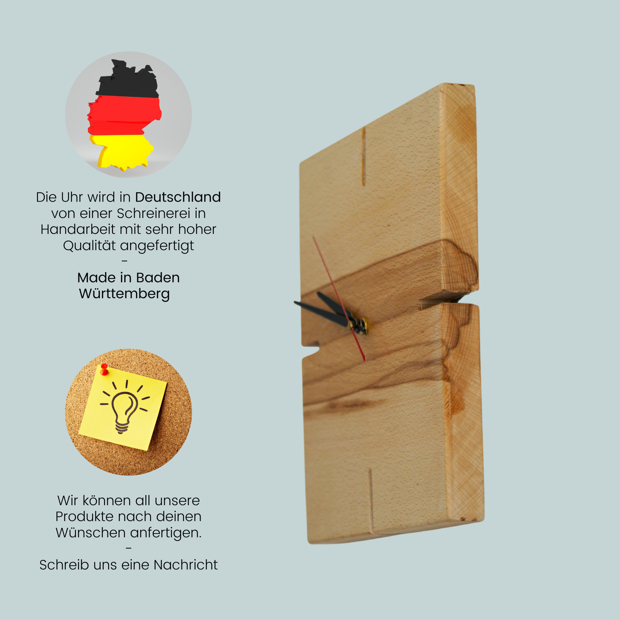 myduct Premium Funk-Wanduhr "Holzeck" mit Gravur aus Buchenholz Ø 30cm, lautloses Uhrwerk für Wohnzimmer Schlafzimmer Küche