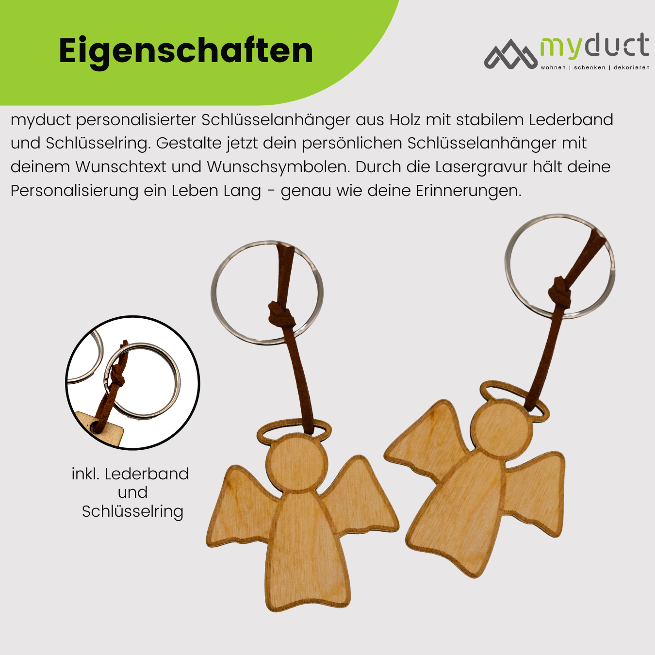personalisierter Schlüsselanhänger aus Holz mit stabilem Lederband und Schlüsselring (Engel)
