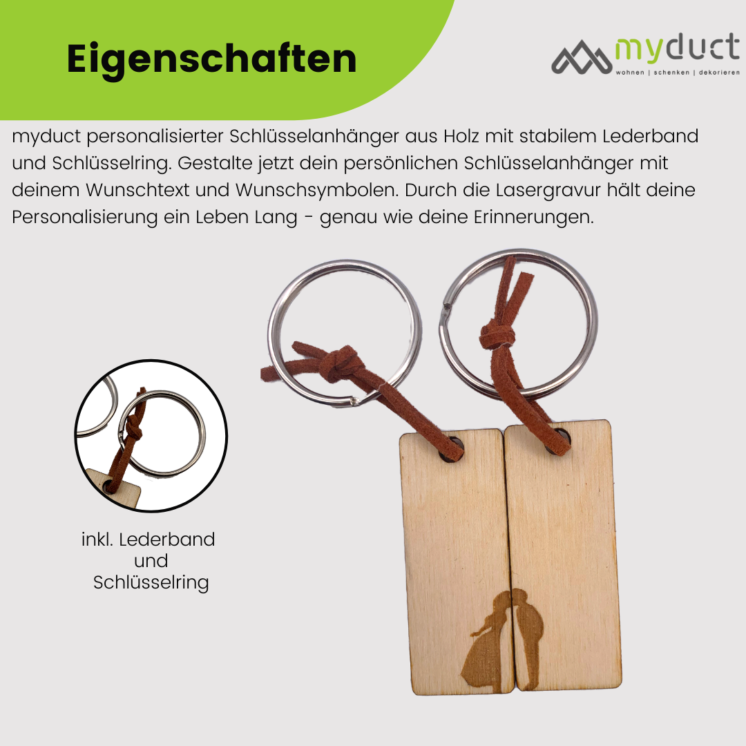 personalisierter Schlüsselanhänger aus Holz mit stabilem Lederband und Schlüsselring