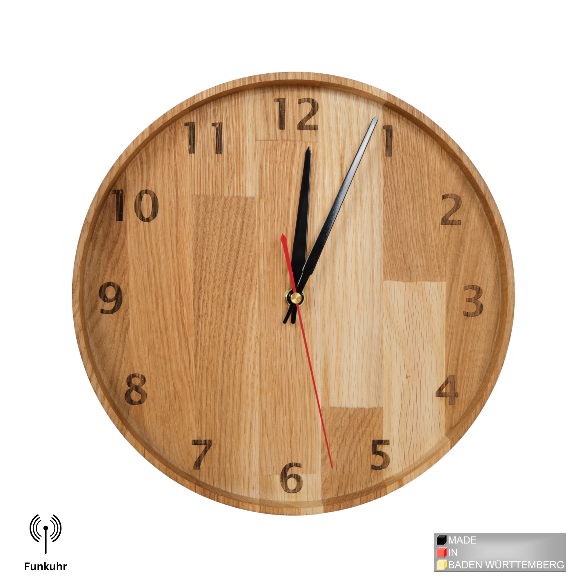 myduct Premium Funk-Wanduhr "Zeitschale" aus Eichenholz Ø 30cm, lautloses Uhrwerk für Wohnzimmer Schlafzimmer Küche